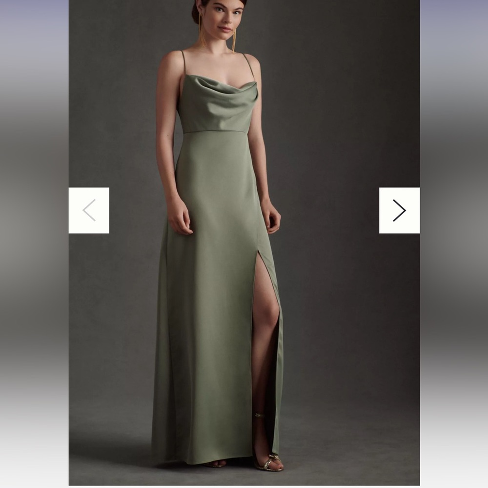 BHLDN Remy Cowl-Neck Faux-Wrap Satin Gown color: moss
